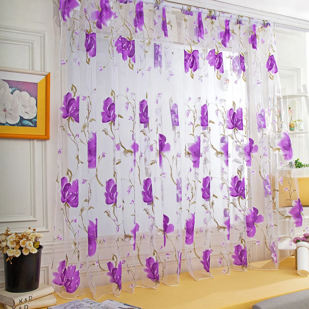Шторы из тюля с цветочным рисунком для гостиной, фиолетовые прозрачные шторы для детской, дверь в спальню, Короткие шторы на окно кухни, Детские шторы Изображение 0