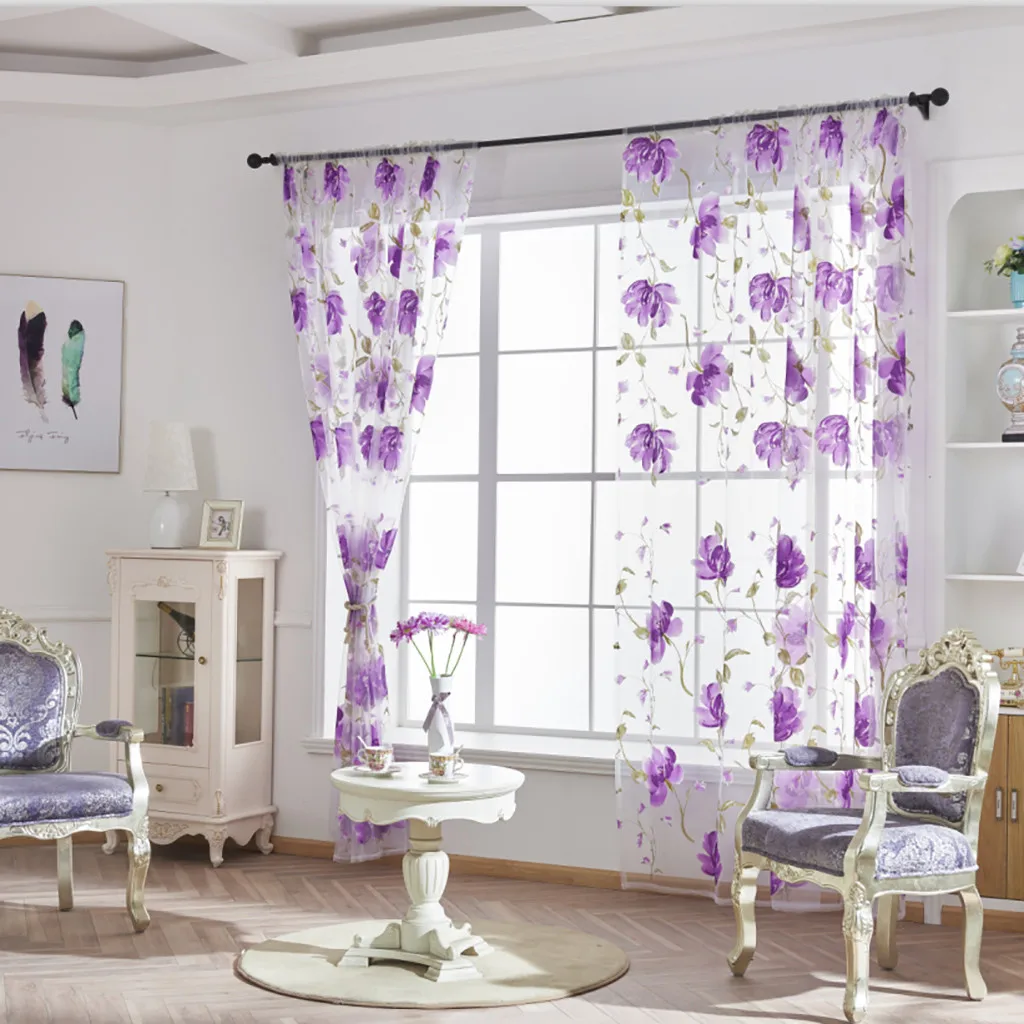 Шторы из тюля с цветочным рисунком для гостиной, фиолетовые прозрачные шторы для детской, дверь в спальню, Короткие шторы на окно кухни, Детские шторы Изображение 3