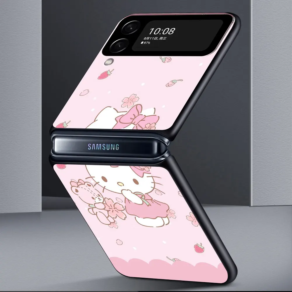 Чехол Для Телефона Samsung Galaxy Z Flip Z Flip3 5G Z Flip4 Жесткий ПК Матовый Корпус Розового Цвета С Цветочным Рисунком Hello Kitty Изображение 1