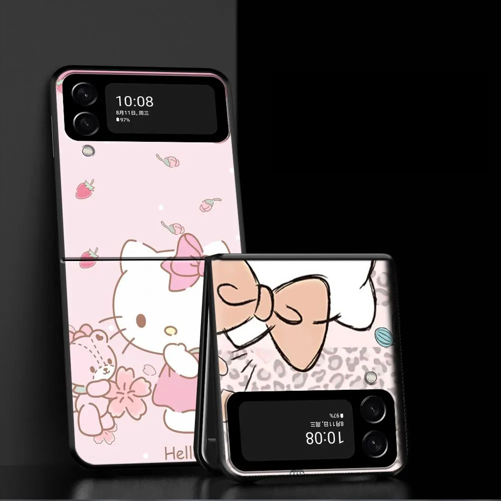 Чехол Для Телефона Samsung Galaxy Z Flip Z Flip3 5G Z Flip4 Жесткий ПК Матовый Корпус Розового Цвета С Цветочным Рисунком Hello Kitty Изображение 3
