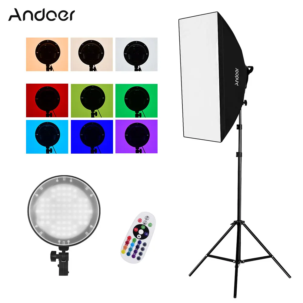 Комплект для Студийной Фотосъемки Andoer 2.4G RGB LED Light Softbox с Регулируемой Мощностью Светодиода 45 Вт/Софтбокс/Подставка для Освещения/Пульт Дистанционного Управления/ Адаптер Изображение 1