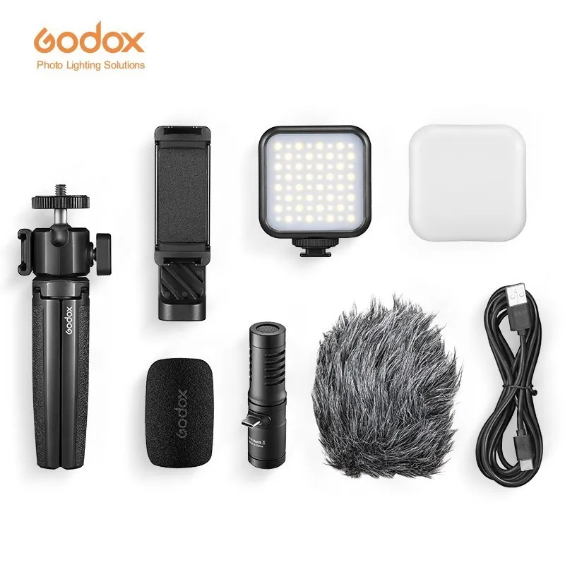 Godox VK2-UC VK2-AX Микрофон для телефона + Светодиодная подсветка + Портативный настольный штатив для видеоблога для мобильных устройств Изображение 1