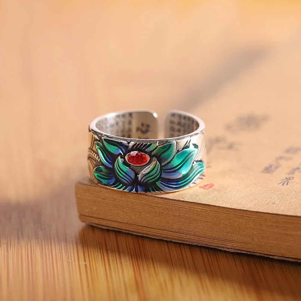 YS Новый наконечник в этническом стиле, модное кольцо-сутра в виде сердца лотоса для мужчин и женщин, универсальное открывающееся кольцо Изображение 0