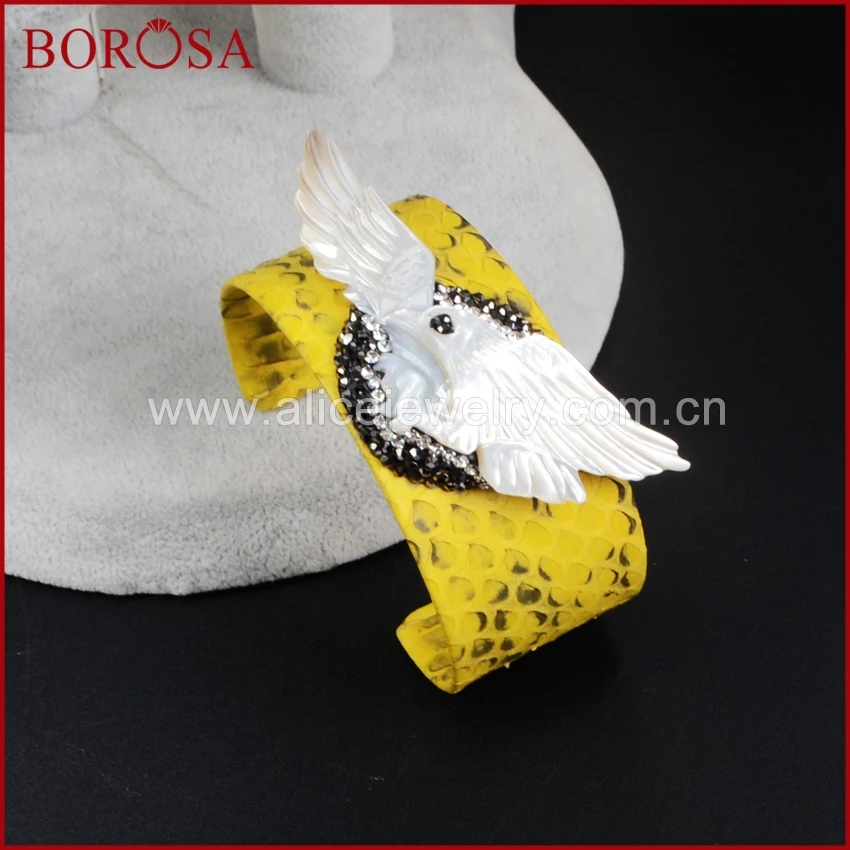 BOROSA новый браслет с резным орлом в виде белой раковины, желтый браслет из змеиной кожи ручной работы со стразами, мягкий браслет-манжета для женщин JAB511 Изображение 3