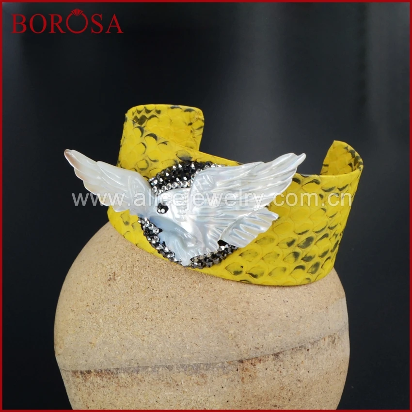 BOROSA новый браслет с резным орлом в виде белой раковины, желтый браслет из змеиной кожи ручной работы со стразами, мягкий браслет-манжета для женщин JAB511 Изображение 4