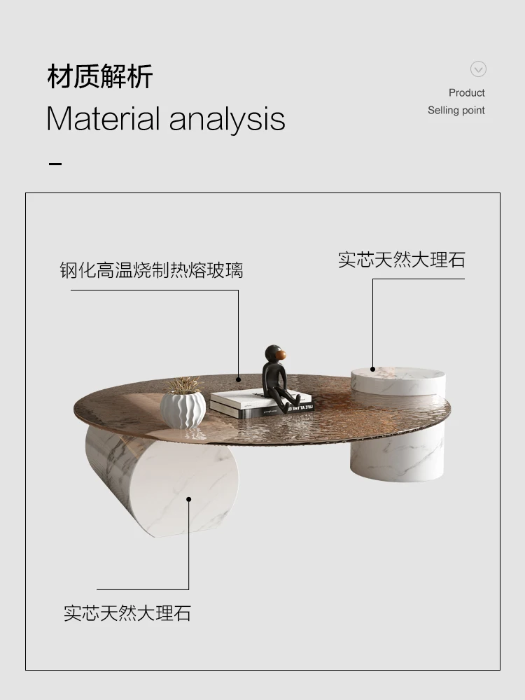 Дизайнерский журнальный столик из шифера, круглое стекло, светлый роскошный мрамор, простой круг с водной рябью, атмосфера высокого класса Изображение 3